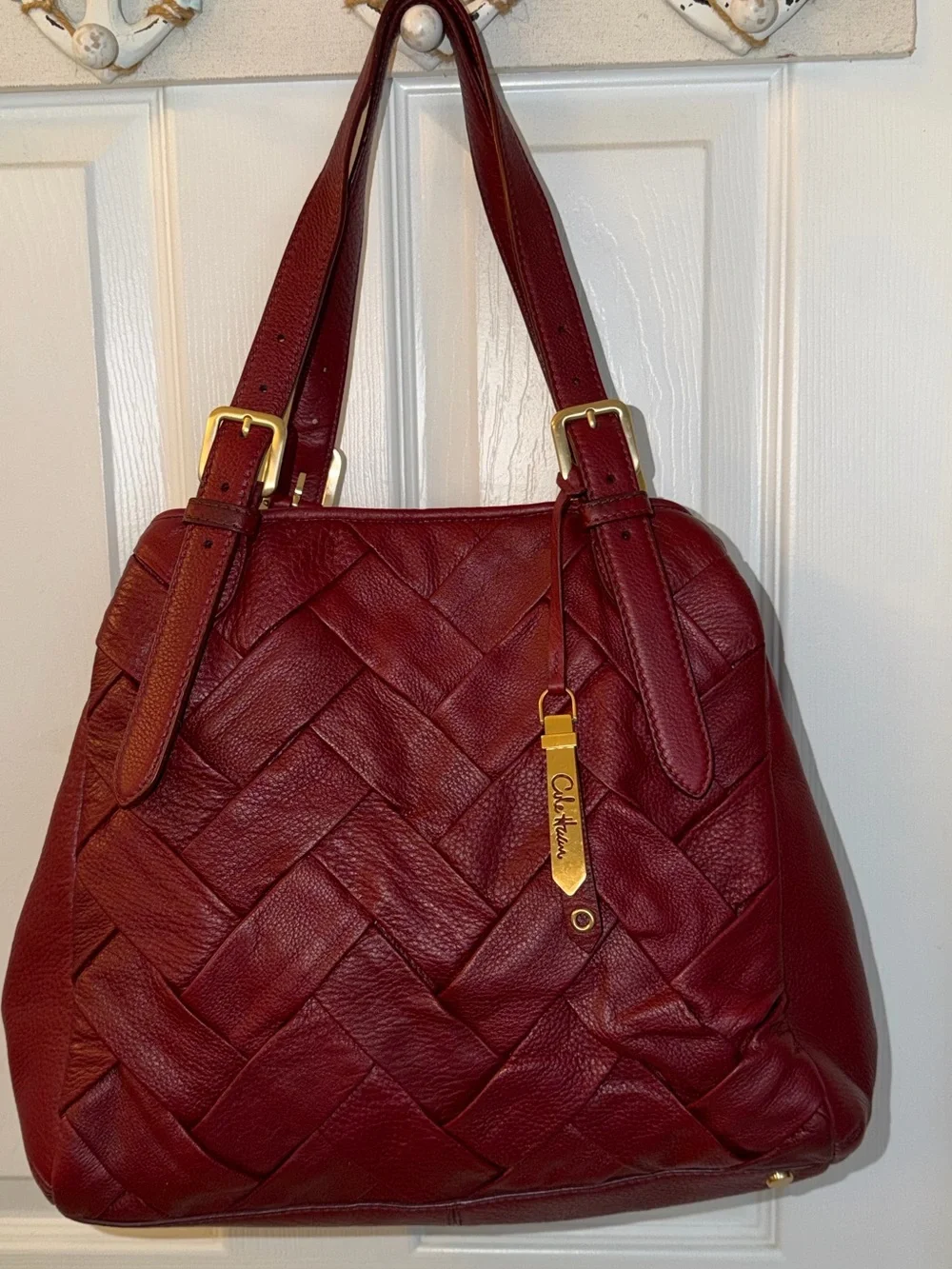 Cole Haan Burgundy Prudence Tote Bag featuring braided leather design